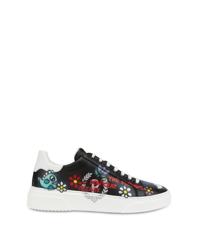 Black leather 'Please don't eat the flowers' sneakers Photo 1