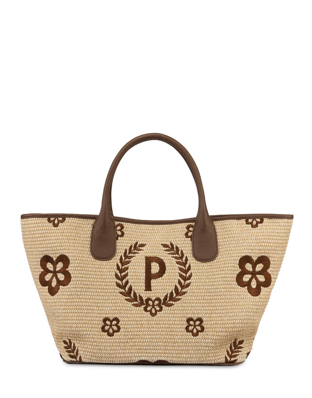 Pollini Tote Bag In Paglia Macro Heritage Medium Naturale/t.moro/marrone
