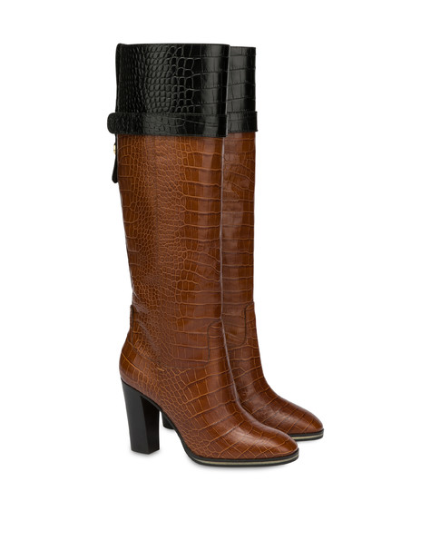 To-the-knee boots in Marne crocodile print calf leather WAFER/BLACK