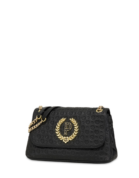 Borsa a spalla in vitello Heritage Logo Embossed NERO