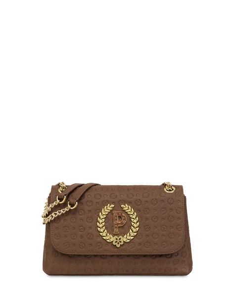 Borsa a spalla in vitello Heritage Logo Embossed MARRONE