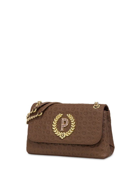 Borsa a spalla in vitello Heritage Logo Embossed MARRONE