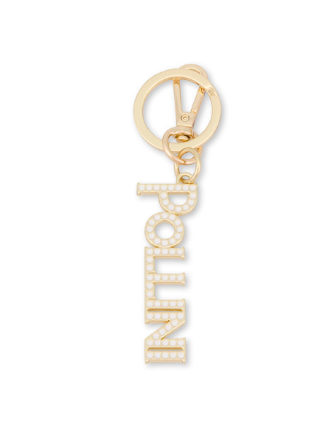 Lettering Logo charm keyring with rhinestones GOLD/WHITE