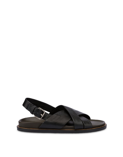 Natural Feeling calfskin crossed sandals BLACK/MILITARY GREEN