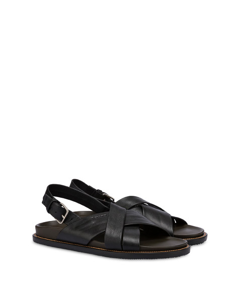 Natural Feeling calfskin crossed sandals BLACK/MILITARY GREEN