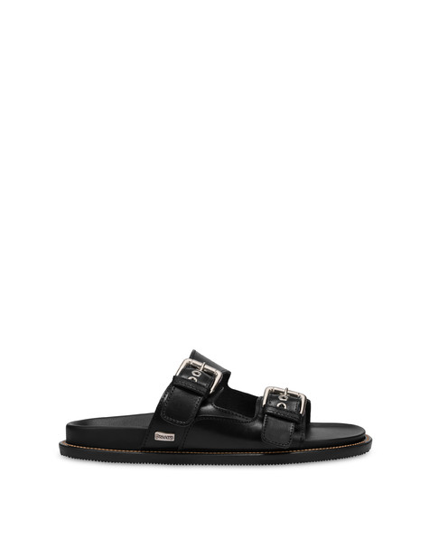 Natural Feeling cowhide slippers with straps BLACK/BLACK