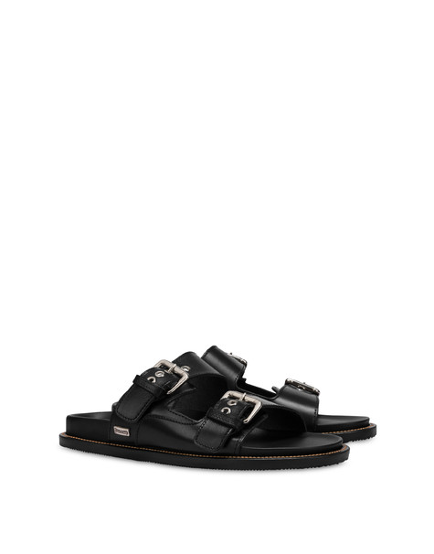 Natural Feeling cowhide slippers with straps BLACK/BLACK