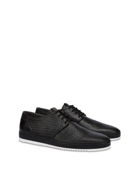Foxing weave print calfskin derbies BLACK