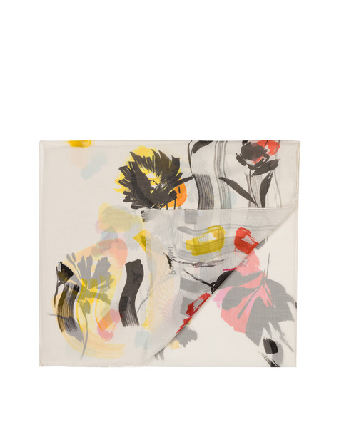 Chiffon stole with painterly flowers WHITE