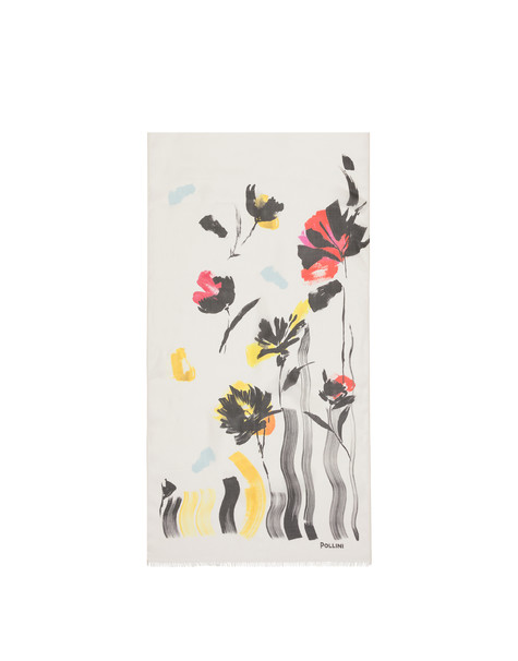 Chiffon stole with painterly flowers WHITE
