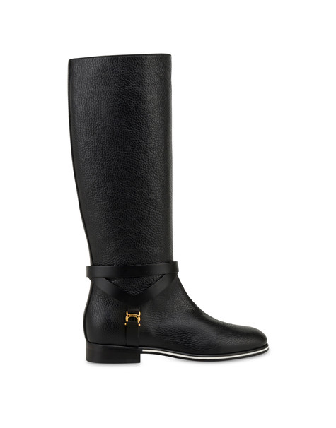 Saddle tumbled calfskin flat boots BLACK/BLACK
