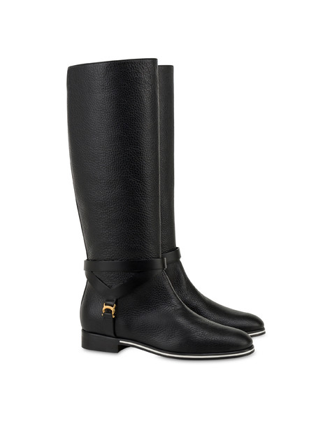 Saddle tumbled calfskin flat boots BLACK/BLACK