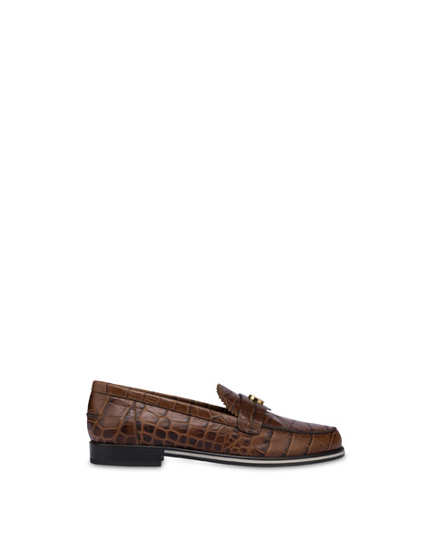 Oxford crocodile print calfskin moccasins DARK BROWN