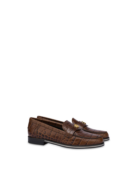 Oxford crocodile print calfskin moccasins DARK BROWN