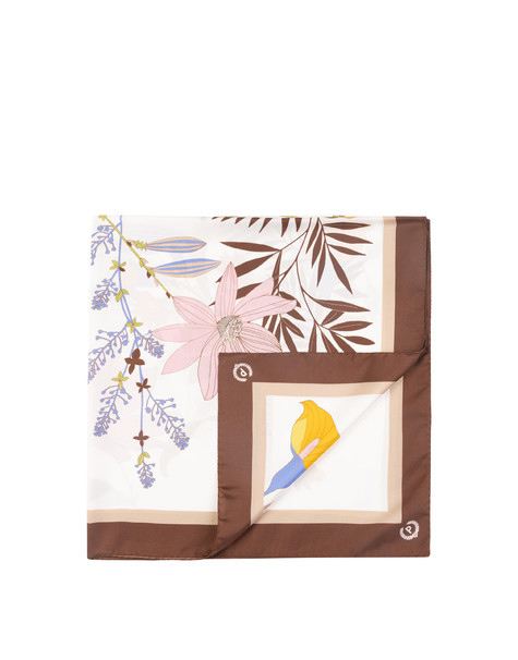 Silk Scarf With Floral Branch Print Brown