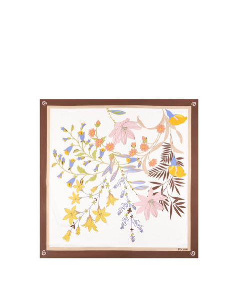 Silk Scarf With Floral Branch Print Brown