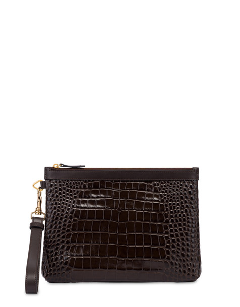 Clutch Bag In Crocodile Print Calfskin Dark Brown/dark Brown
